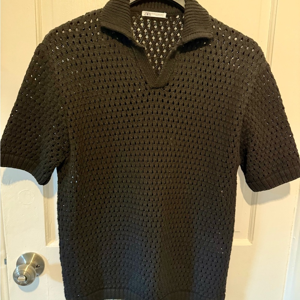 Zara Black Open-Knit Short Sleeve Top